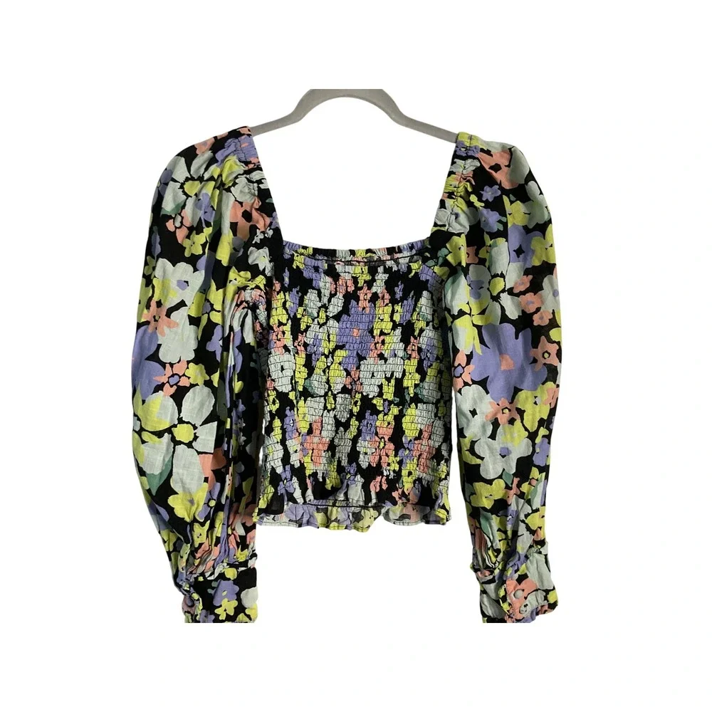 Free People Ariana Printed Top Smocked Floral Puff Sleeve Square Neck XS